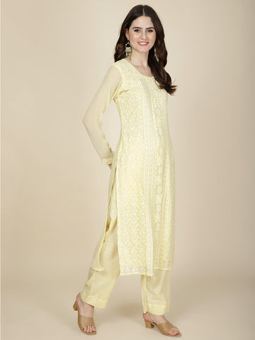 Resham Embroidered Georgette Kurta With Pants & Dupatta