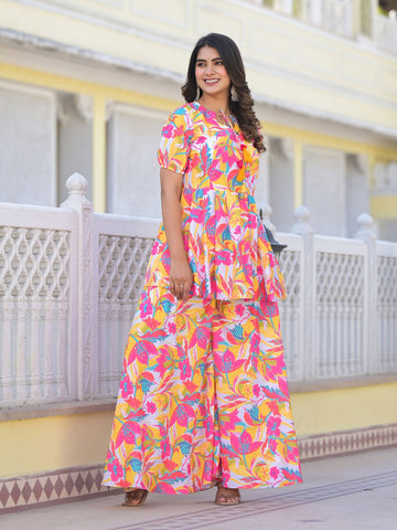 Floral Printed Cotton Kurta With Pants & Dupatta