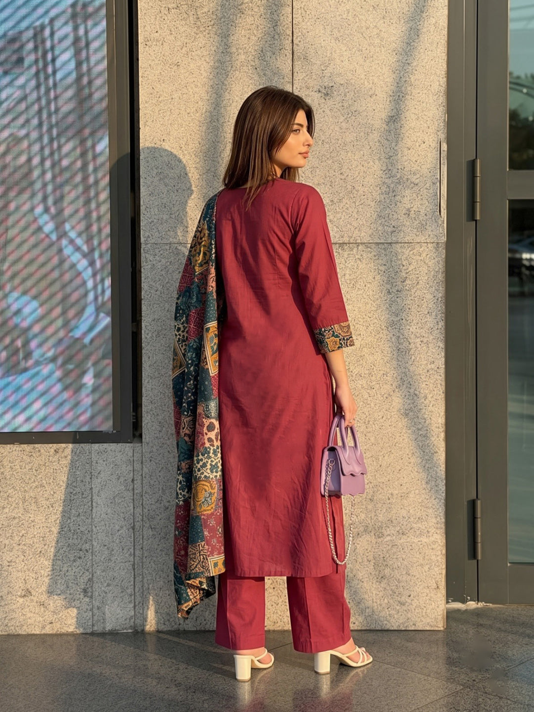 Maroon Printed Cotton Blend Kurta With Pant &amp; Dupatta