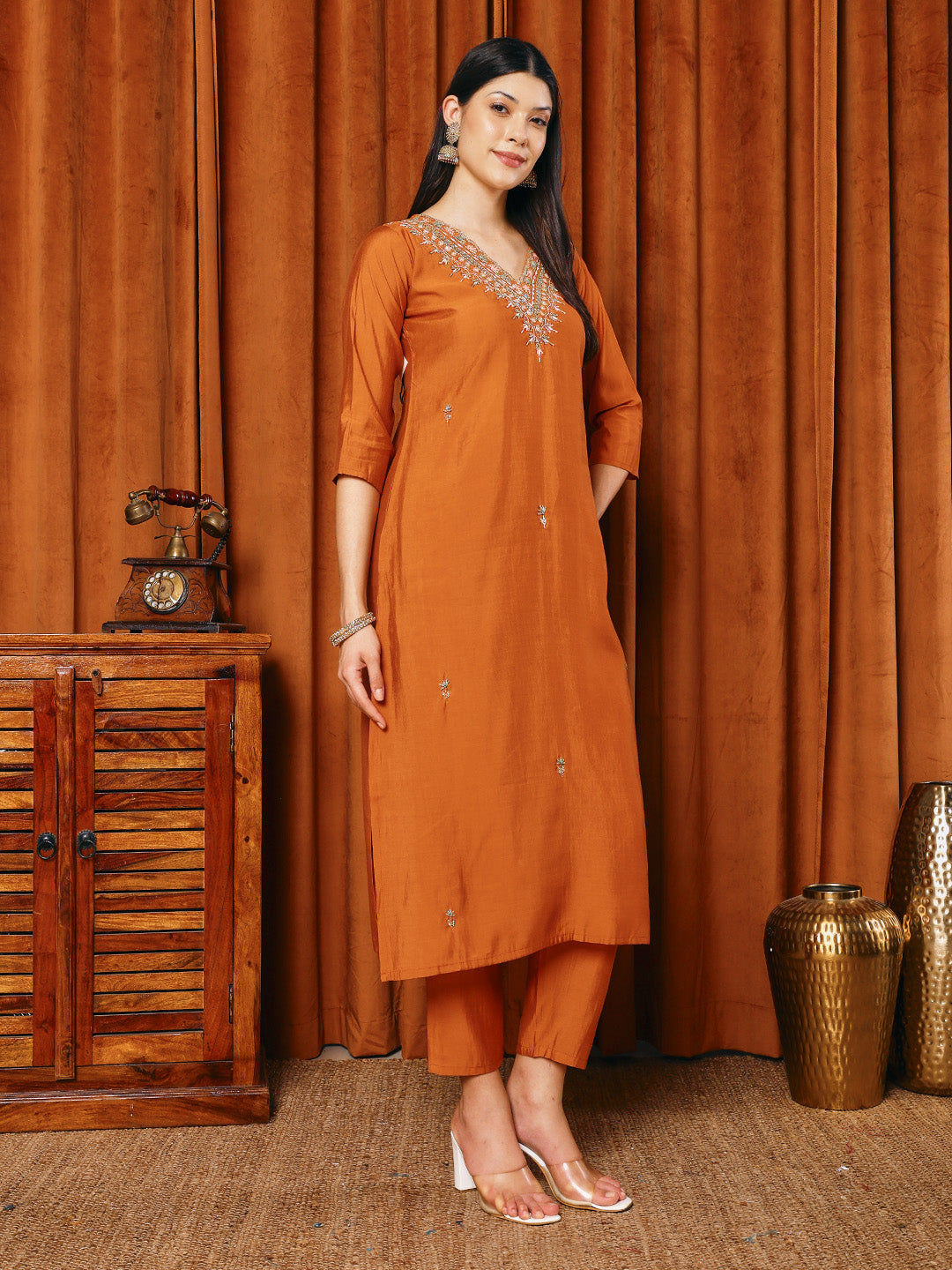 Embroidered Cotton Blend Kurta With Pants & Dupatta