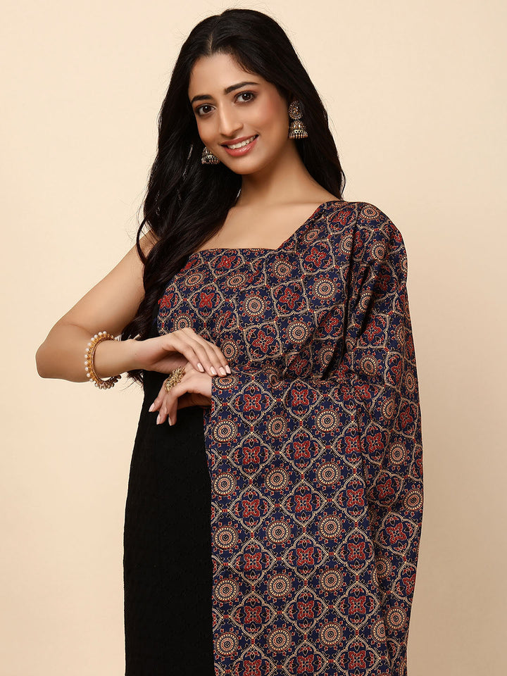 Neck Patti Cotton Blend Unstitched Suit With Dupatt