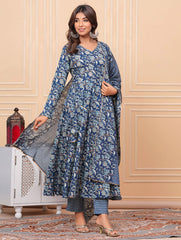 Printed Cotton Blend Kurta With Pants & Dupatta