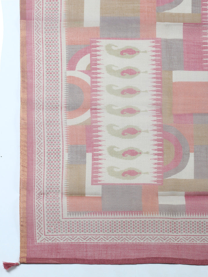 Printed Linen Blend Unstitched Suit With Pant &amp; Dupatta
