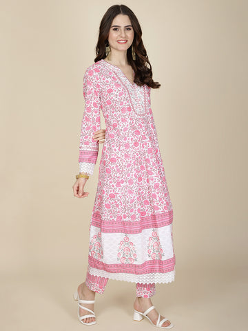 Floral Printed Cotton Kurta With Pants & Dupatta