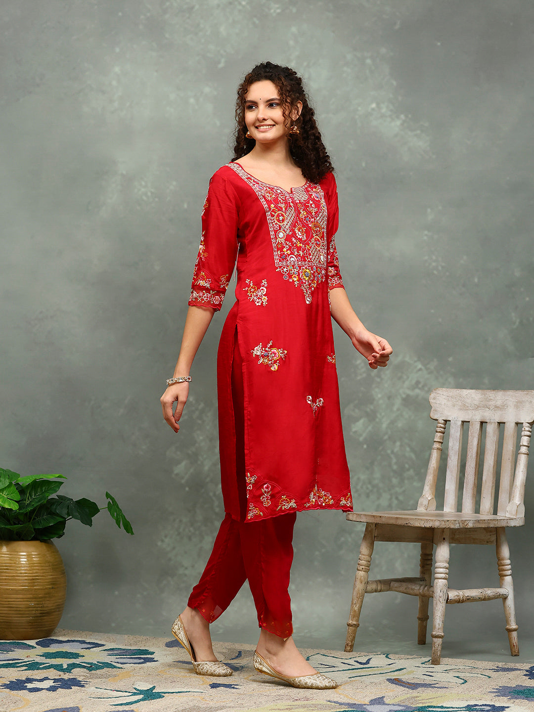 Resham Work Art Silk Kurta With Pants &amp; Dupatta