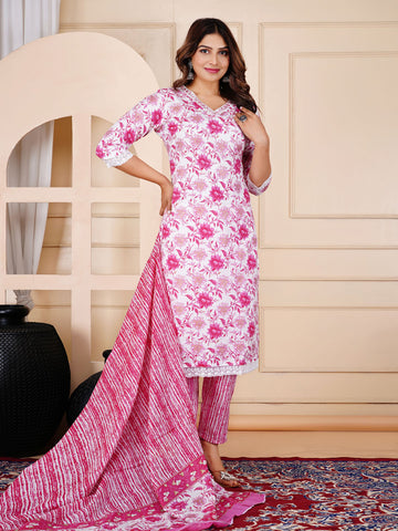 Floral Printed Cotton Kurta With Pants & Dupatta