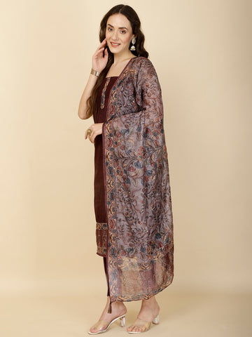 Kantha Embroidery & Printed Chanderi Unstitched Suit Piece With Dupatta