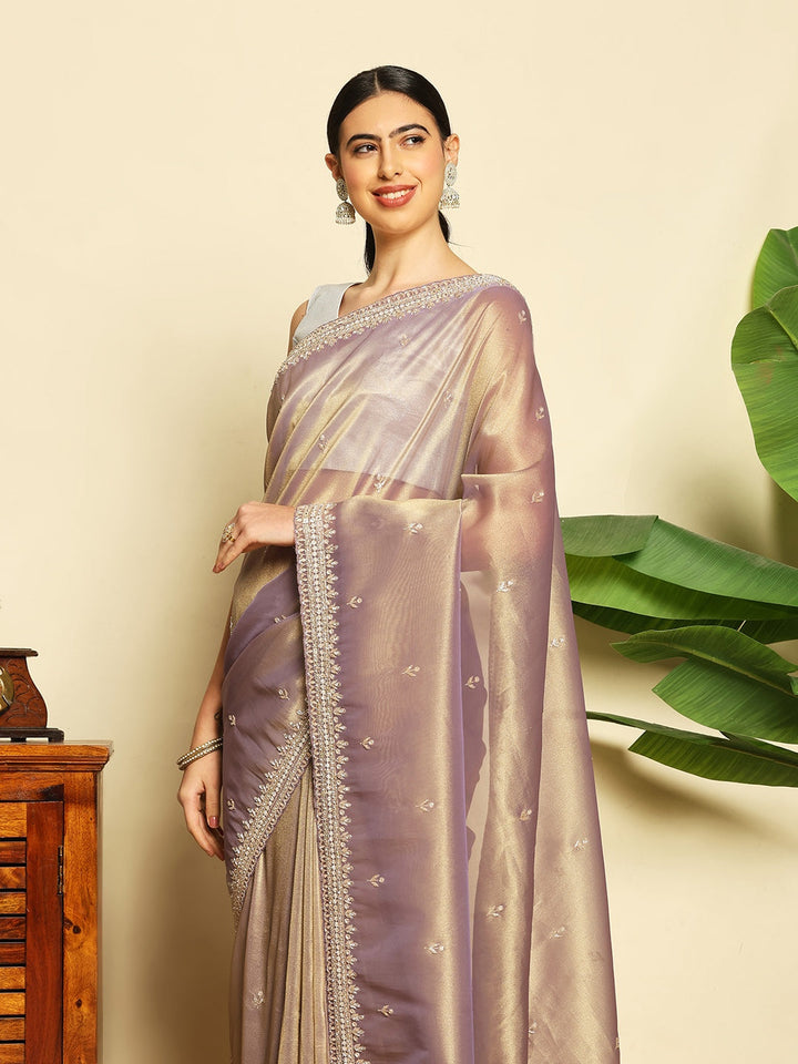 Stone &amp; Sequin Embroidered Tissue Saree