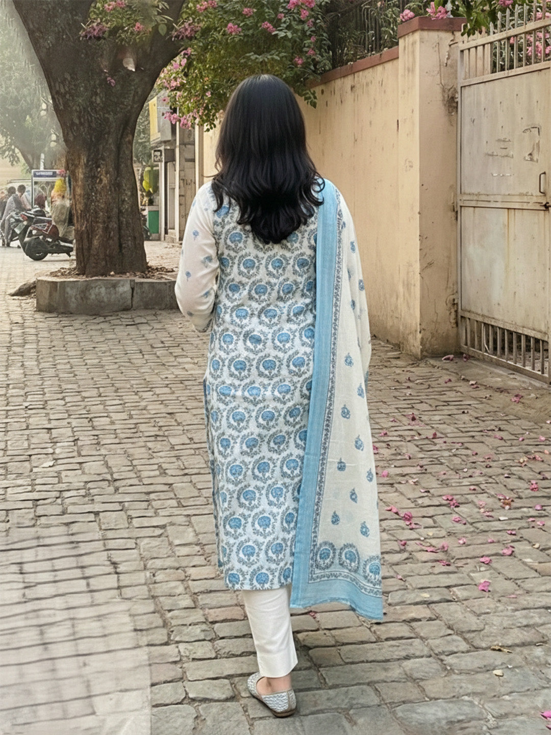 Blue Printed Cotton Blend Straight Suit Set With Dupatta