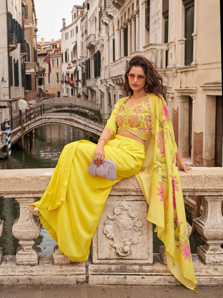 Embroidered Chinon Choli With Plazzo &amp; Jacket