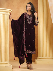 Neck Zari Embroidered Velvet Kurta With Pants & Dupatta