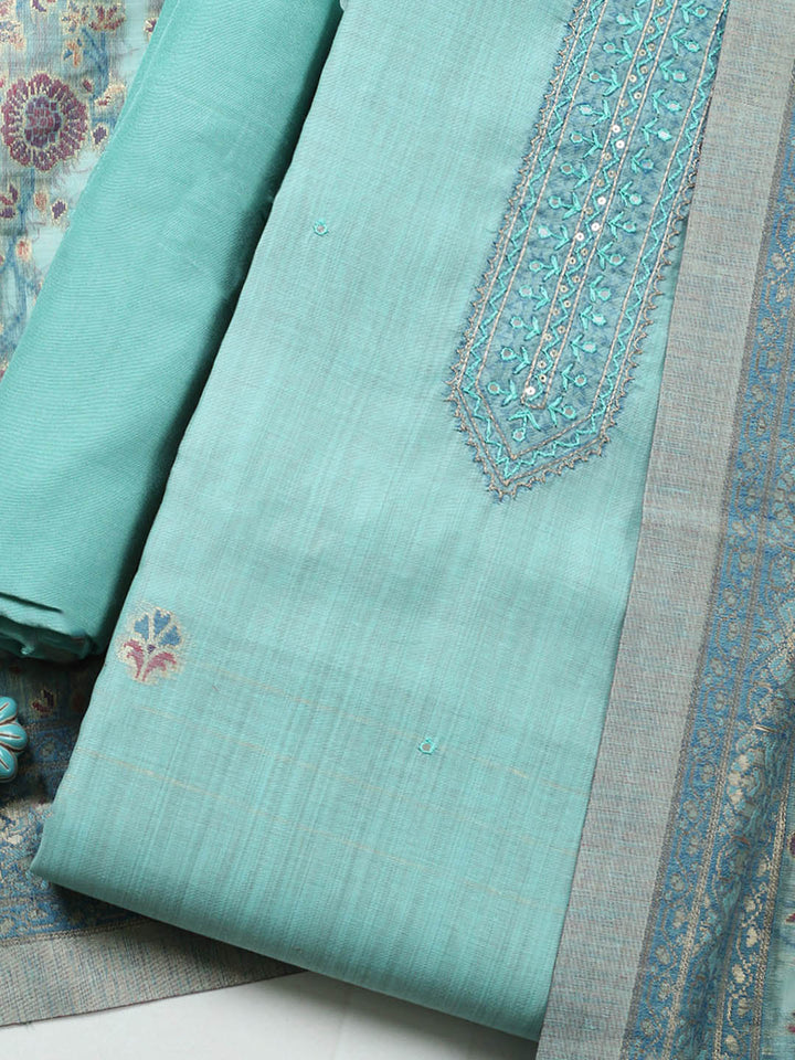 Embroidered Chanderi Unstitched Suit With Pant &amp; Dupatta