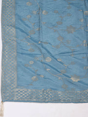 Embroidered Chanderi Grey Blue Unstitched Suit With Pant & Dupatta