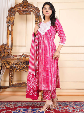 Neck Embroidery Cotton Blend Kurta With Pants & Dupatta