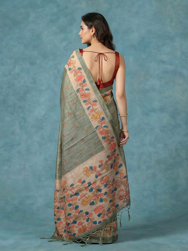Floral Print Tussar Silk Saree