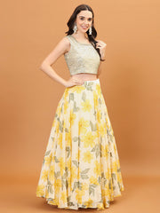 Floral Printed Organza Choli With Skirt & Dapatta