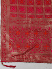 Embroidered Chanderi Grey-Rani Unstitched Suit With Pant & Dupatta