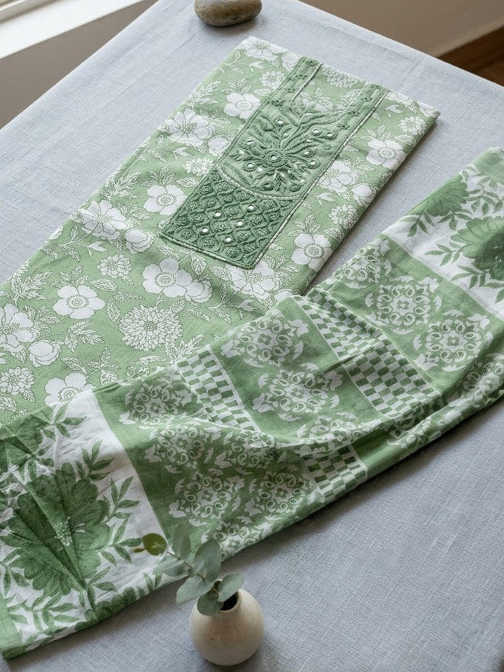 Printed Cotton Blend Unstitched Suit With Pant &amp; Dupatta