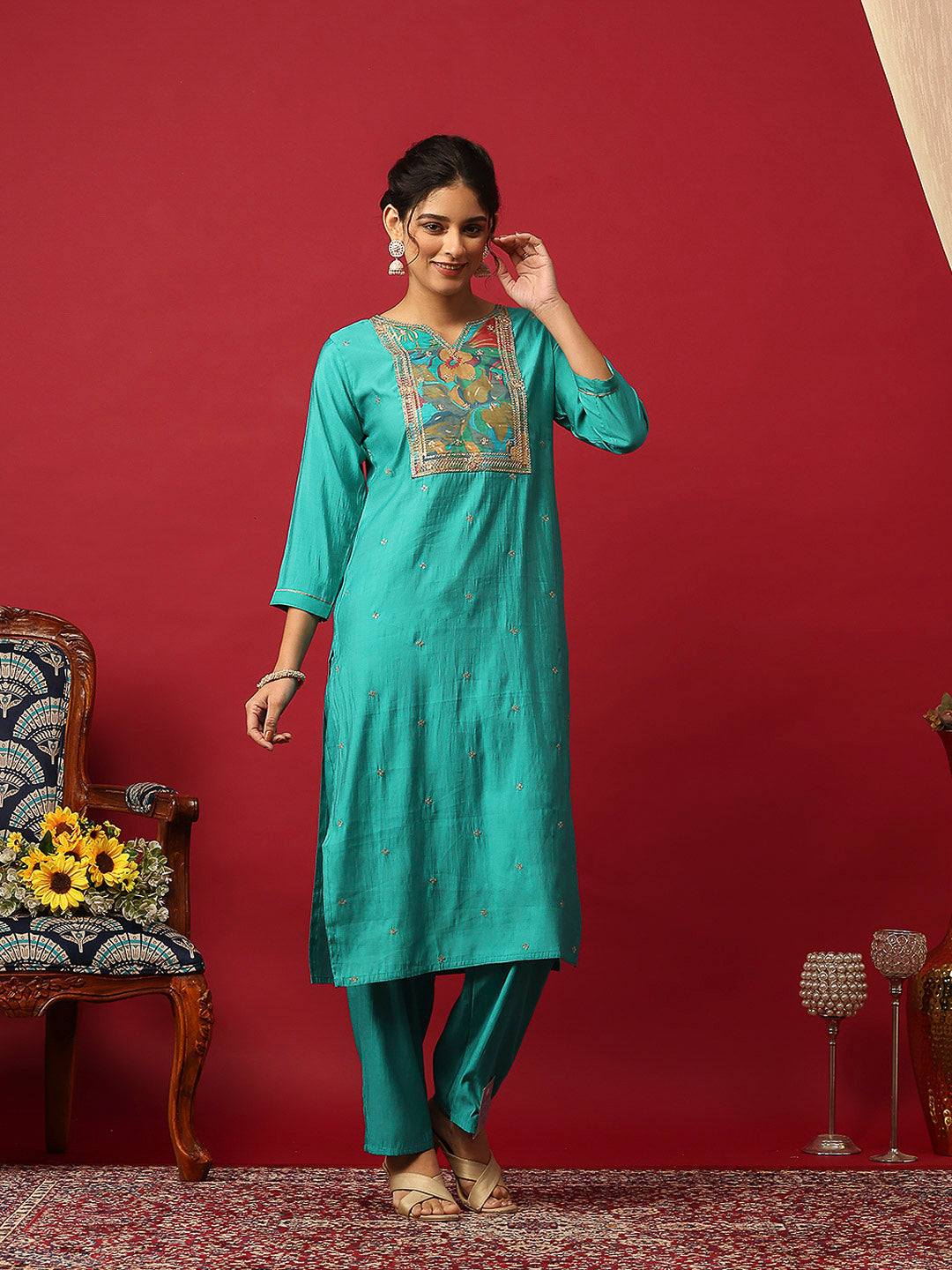 Printed Muslin Lake Blue Kurta With Pant &amp; Dupatta