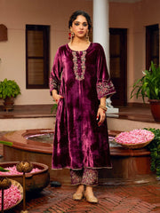 Embroidered Velvet Kurta With Pant & Dupatta