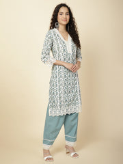 Printed & Panel Embroidery Cotton Kurta With Pants