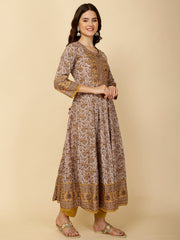 Floral Block Printed Anarkali Kurta With Pants & Dupatta