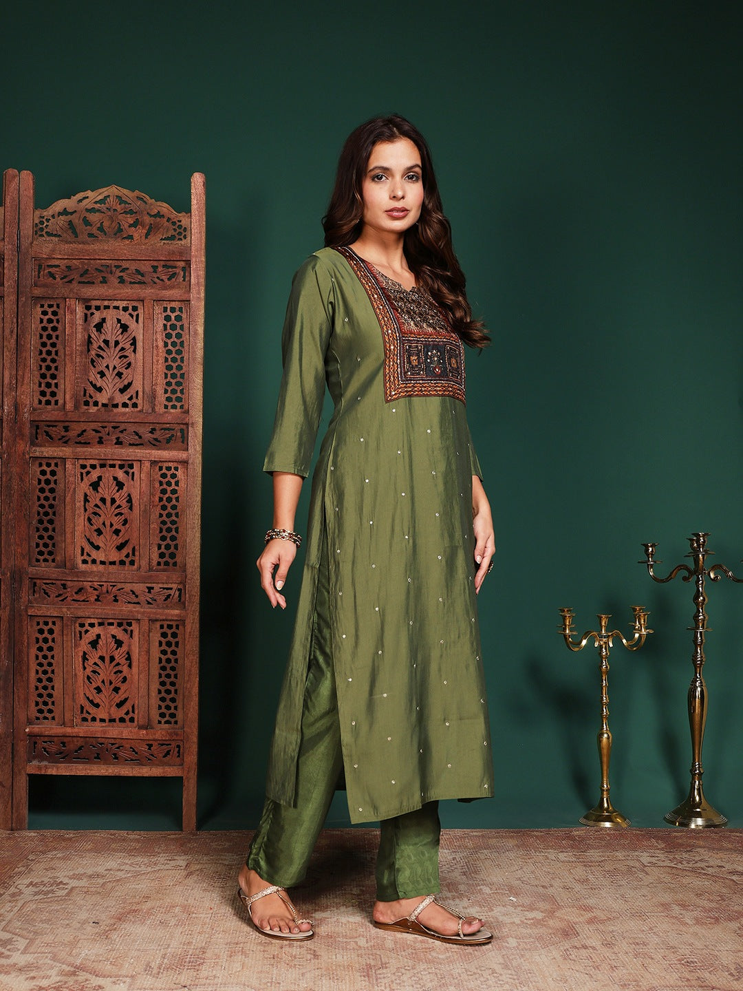 Floral Printed Cotton Blend Kurta With Pant &amp; Dupatta
