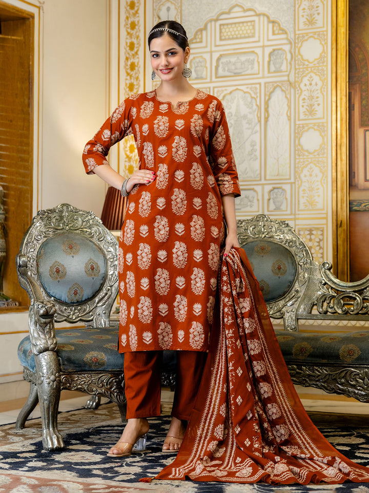 Rust Cotton Blend Printed Straight Suit Set