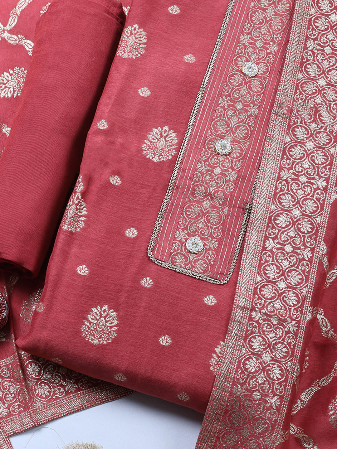 Embroidered Chanderi Unstitched Suit With Pant &amp; Dupatta