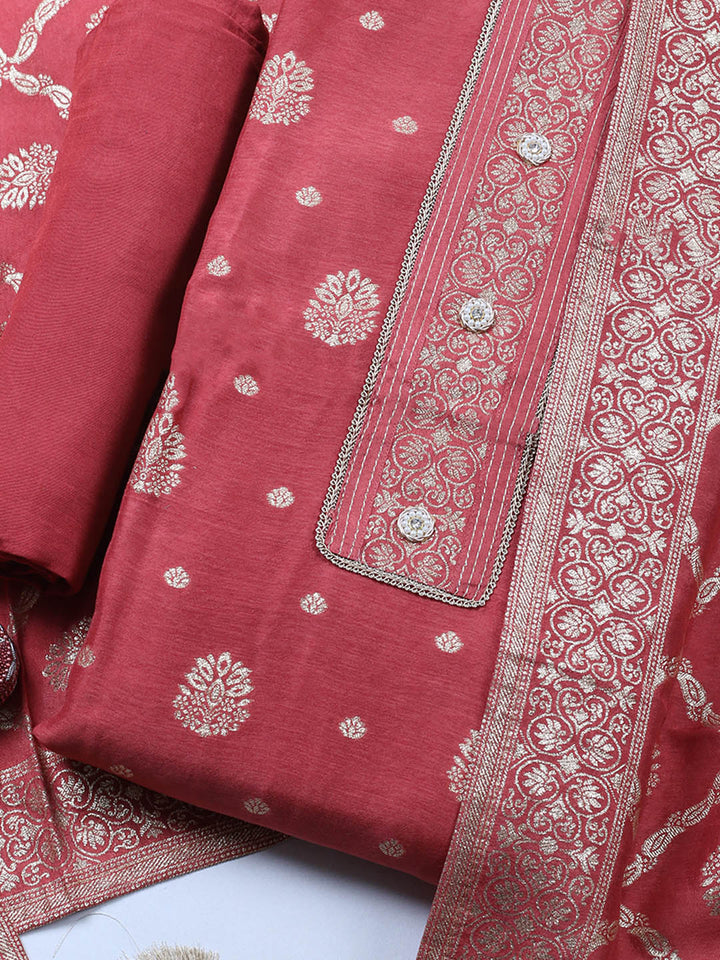 Embroidered Chanderi Unstitched Suit With Pant &amp; Dupatta