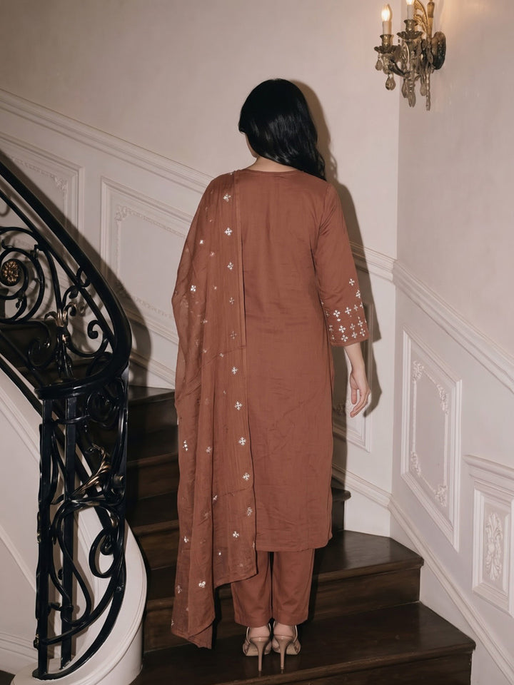 Brown Printed Cotton Blend Kurta With Pant &amp; Dupatta