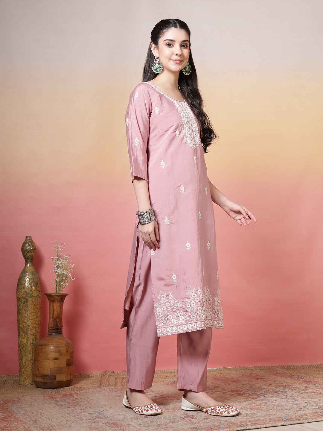 Printed Cotton Blend Kurta With Pants &amp; Dupatta