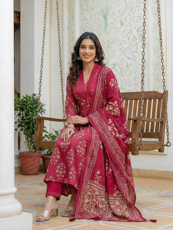 Wine Cotton Blend Printed Straight Suit Set