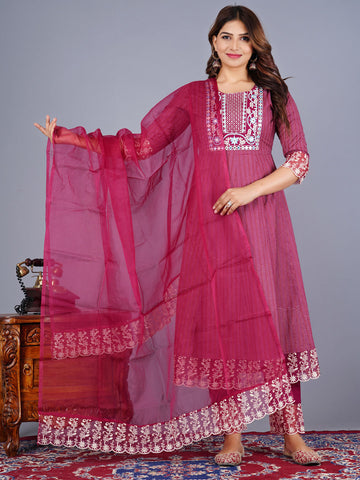 Cotton Anarkali Embroidered Suit Set With Lace