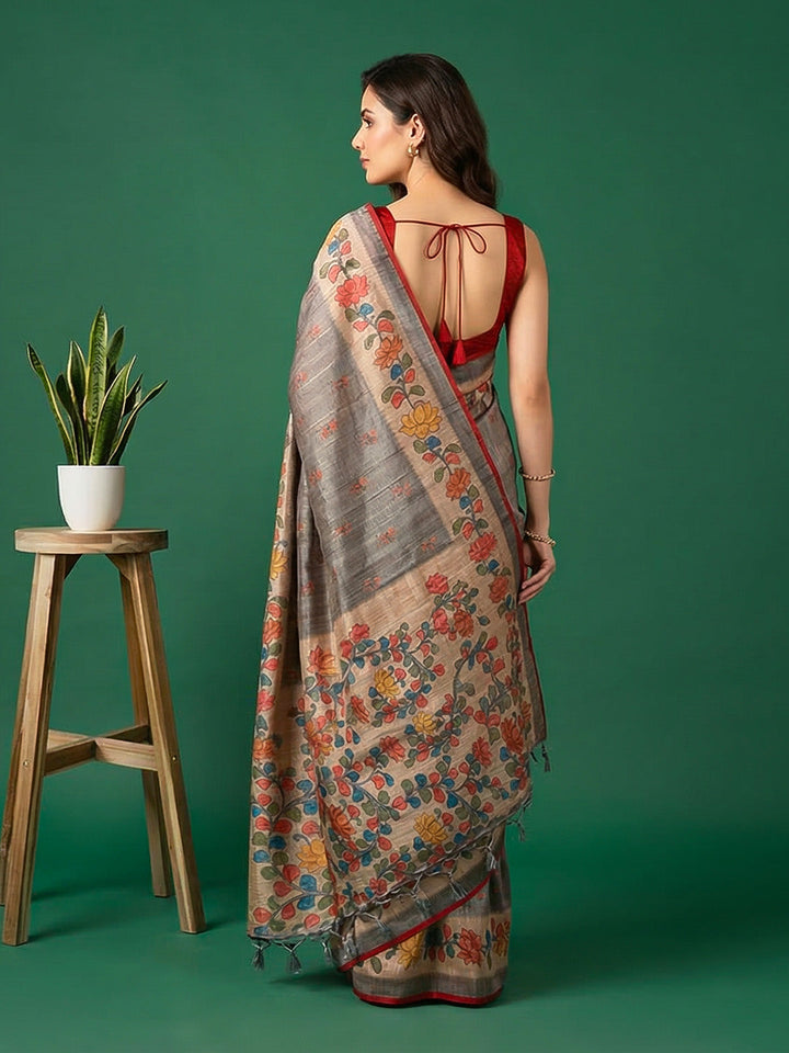 Floral Print Tussar Silk Saree