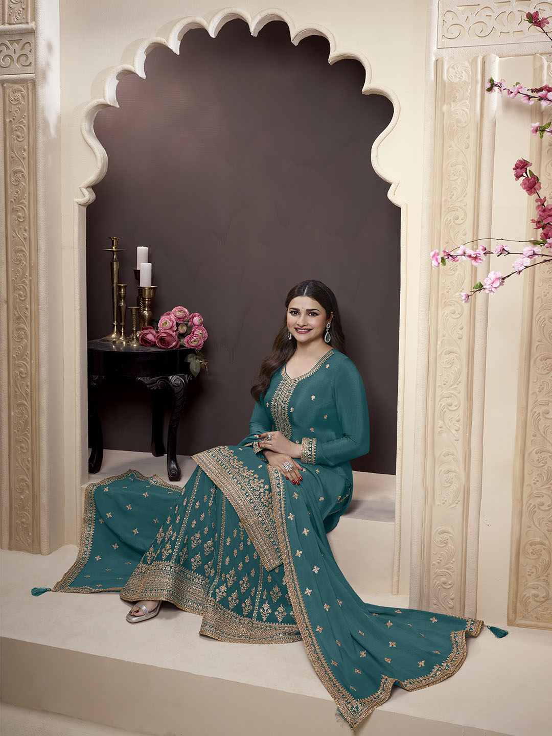 Embroidered Chinon Unstitched Suit With Pant &amp; Dupatta