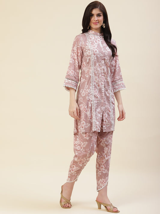 Floral Printed Cotton Kurta With Dhoti Pants