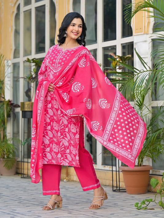 Printed Cotton Blend Kurta With Pants & Dupatta