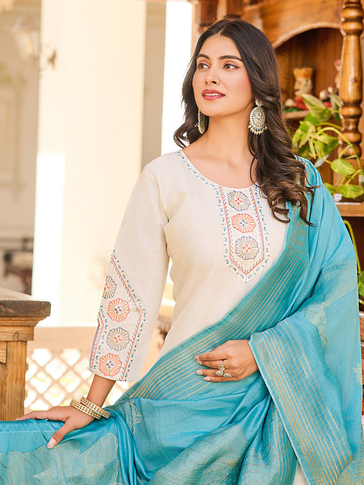 Neck Embroidery Cotton Blend Kurta With Pants &amp; Dupatta