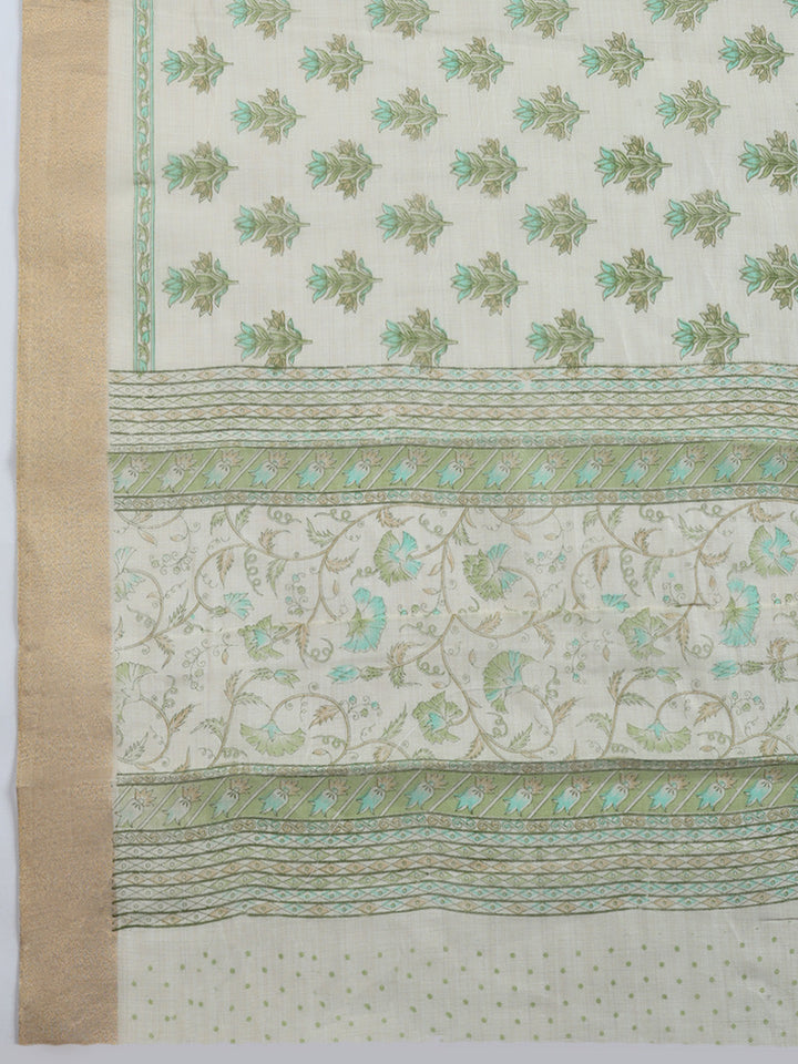 Printed, Chanderi Unstitched Suit With Pant &amp; Dupatta