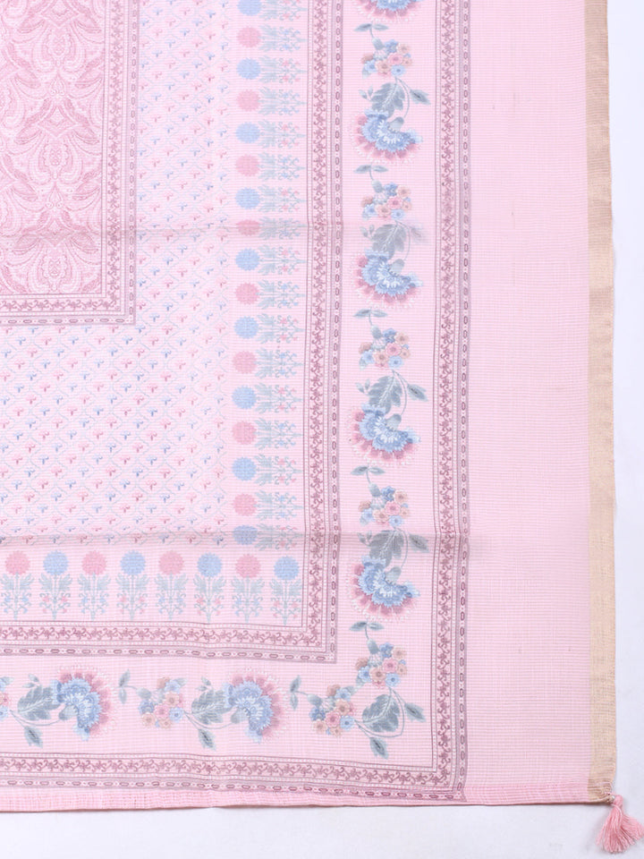 Printed Linen Blend Unstitched Suit With Pant &amp; Dupatta