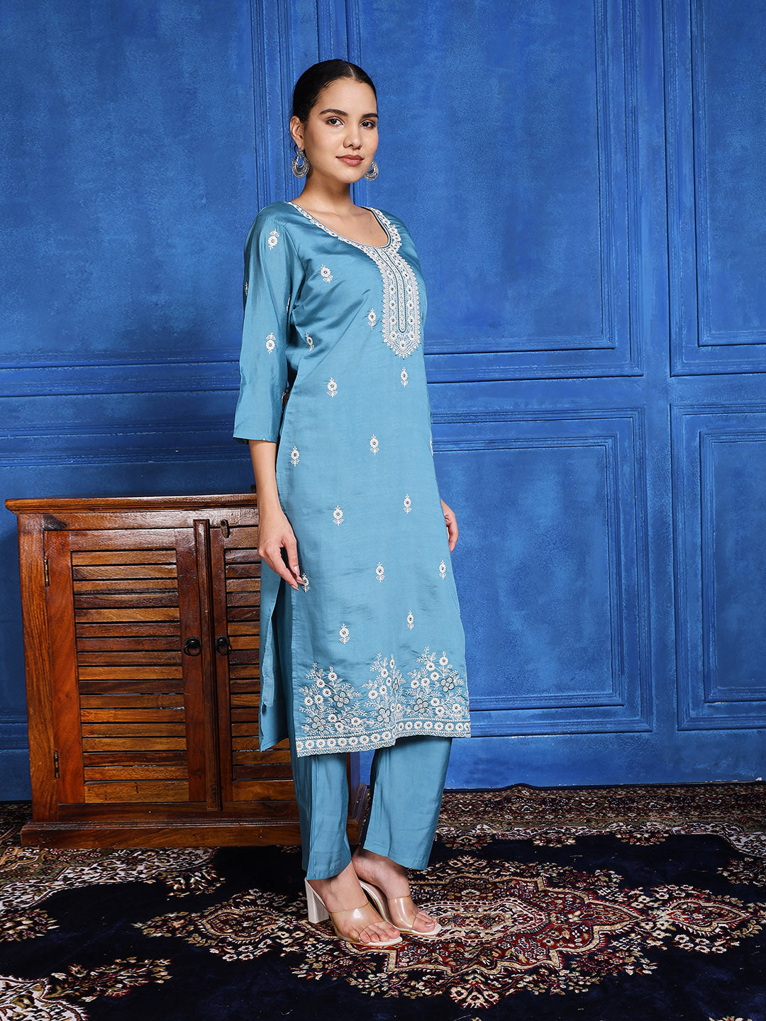Printed Cotton Blend Kurta With Pants & Dupatta