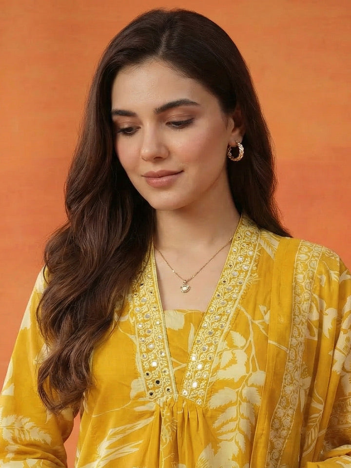 Printed Cotton Blend Kurta With Pant &amp; Dupatta