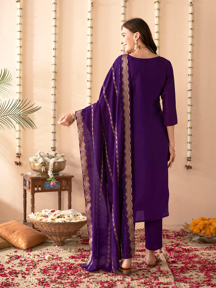 Embroidered Silk Kurta With Pant &amp; Dupatta