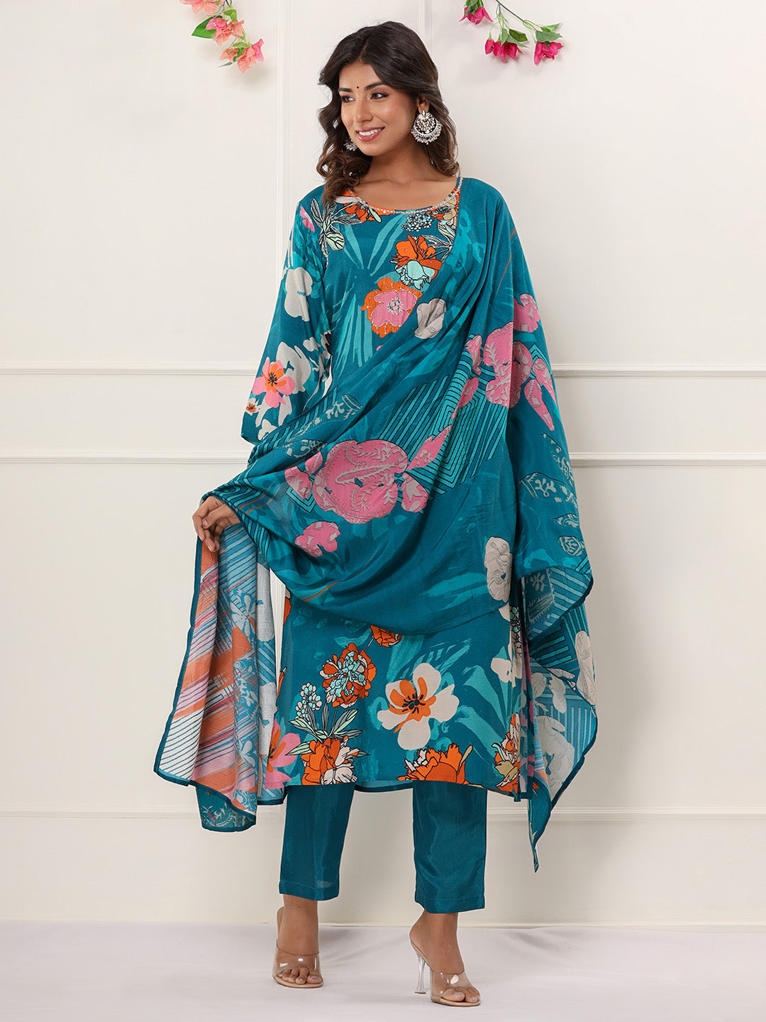 Blue Digital Printed Muslin Straight Suit Set With Dupatta
