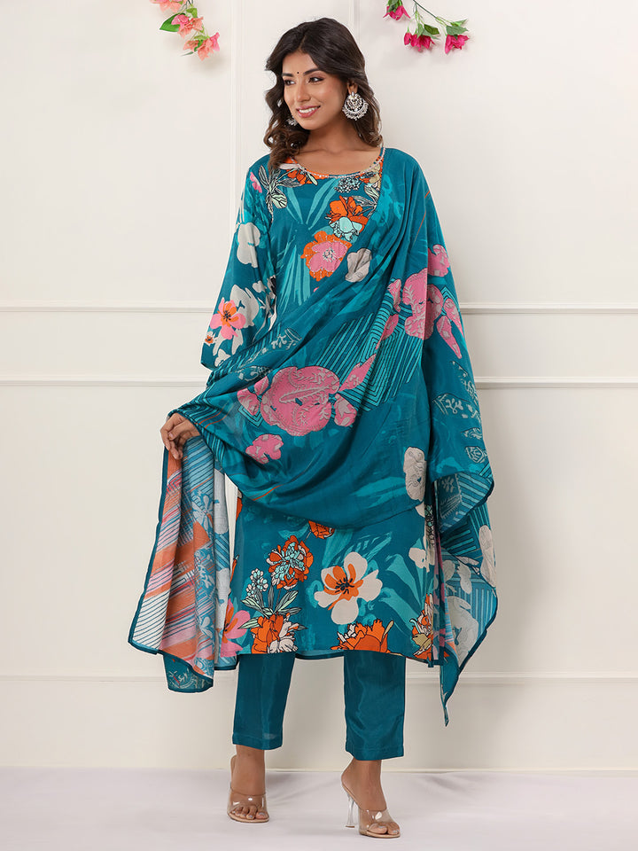 Blue Digital Printed Muslin Straight Suit Set With Dupatta