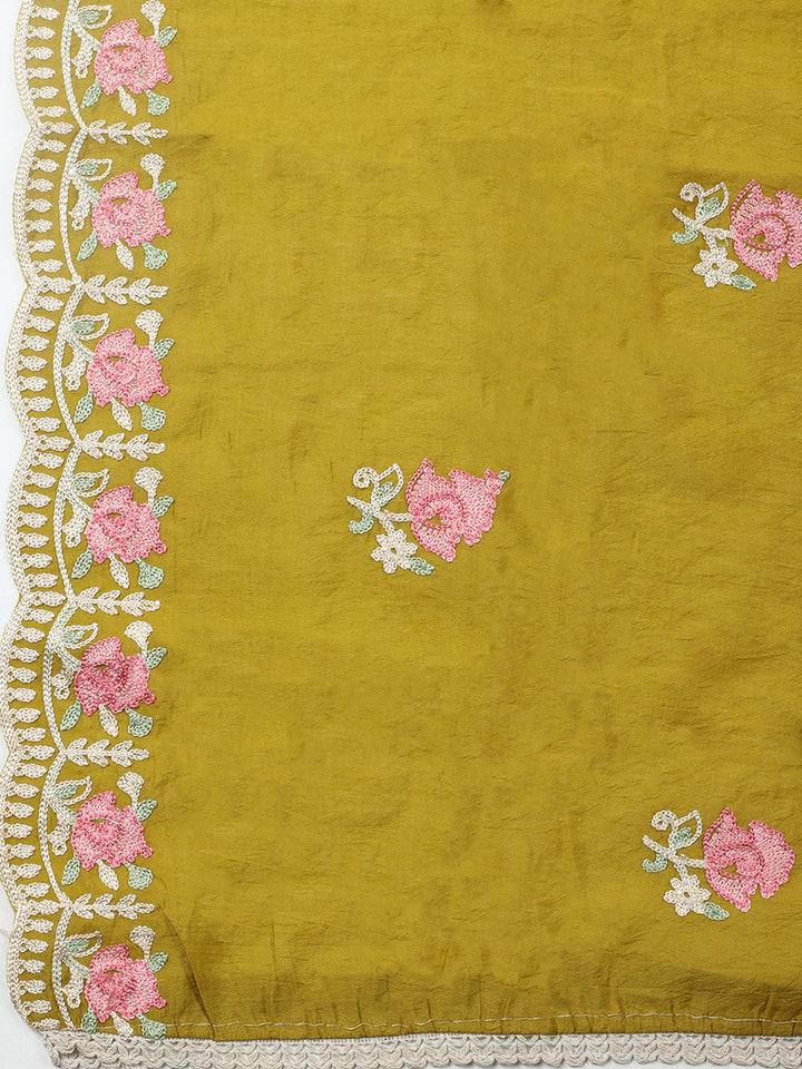 Embroidered Chanderi Unstitched Suit With Pant &amp; Dupatta