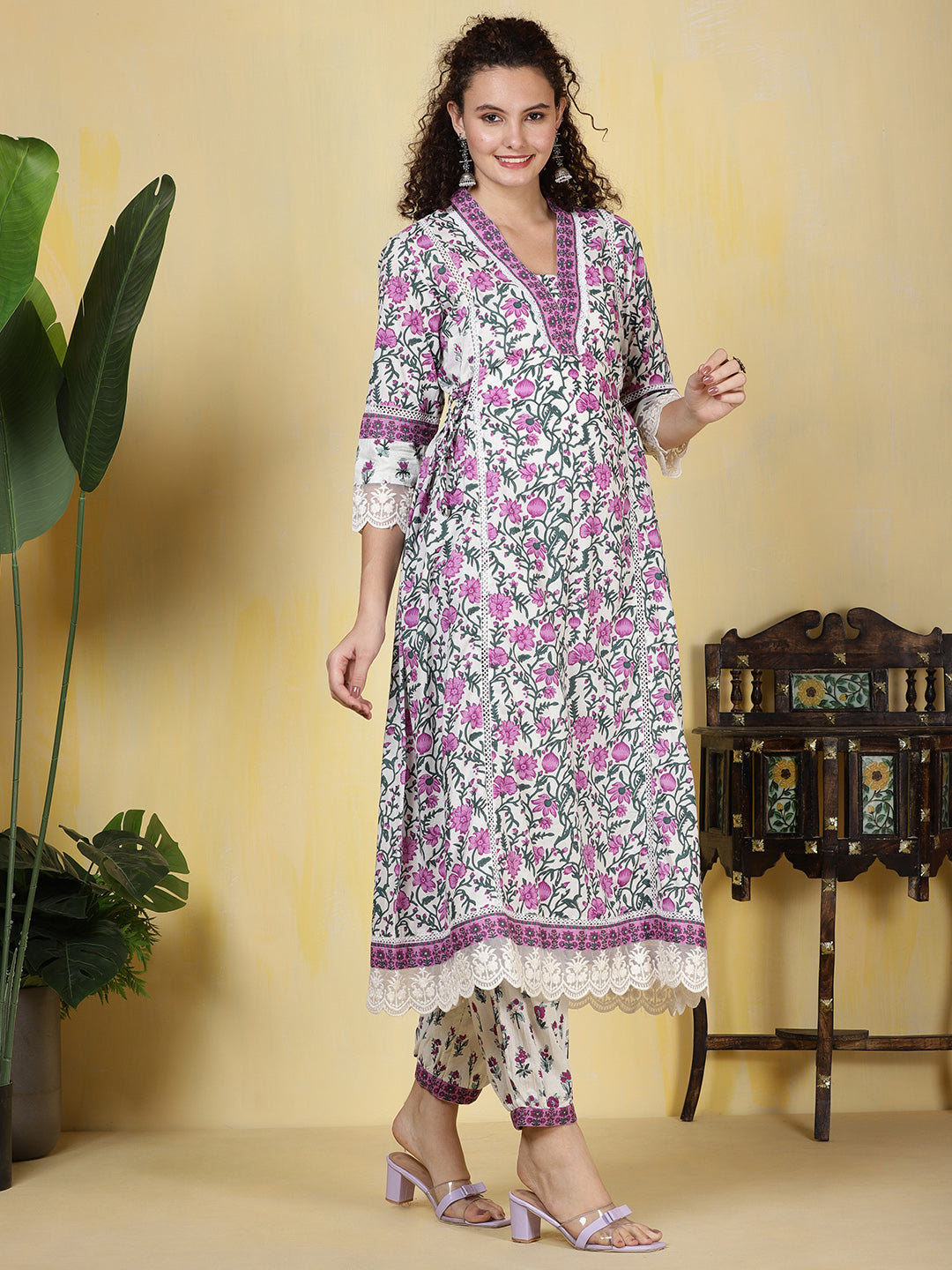 Printed Cotton Blend Kurta With Pants &amp; Dupatta