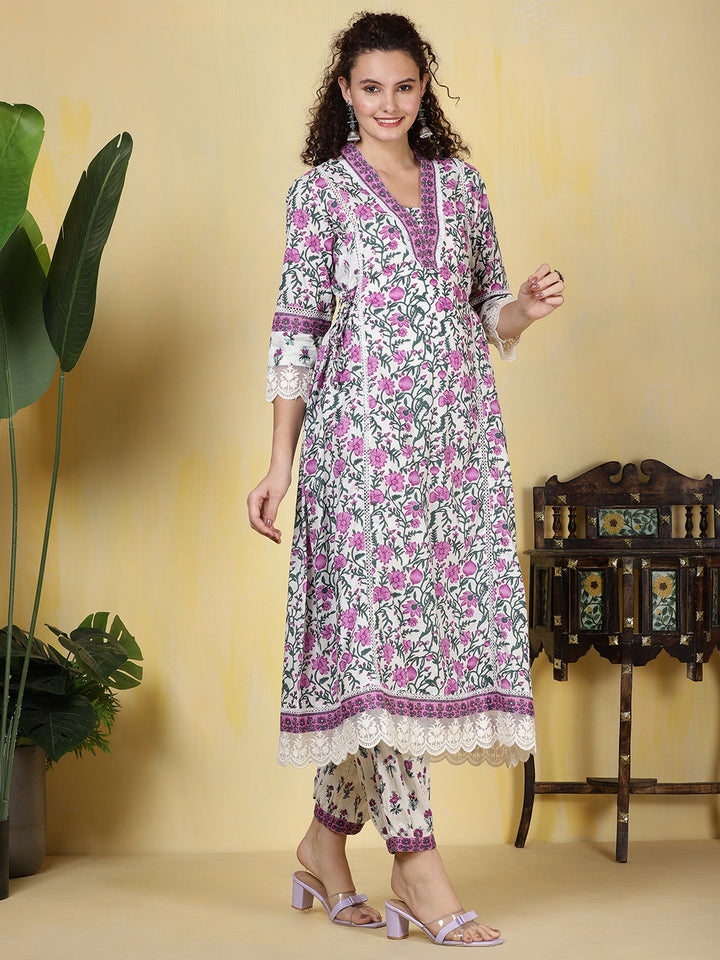 Printed Cotton Blend Kurta With Pants &amp; Dupatta