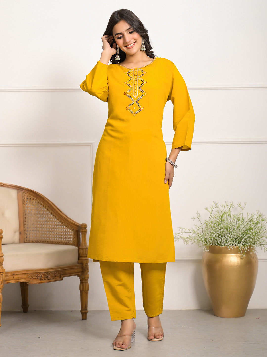 Neck Embroidered Muslin Kurta With Pants &amp; Dupatta